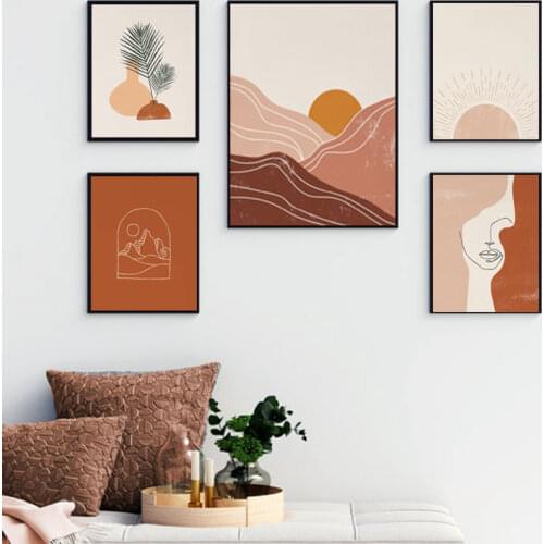 Boho Art Prints Abstract Landscape Poster Bundle Line Art Women Face Gallery Wall Pictures Horizon Sun Paintings on Canvas Decor