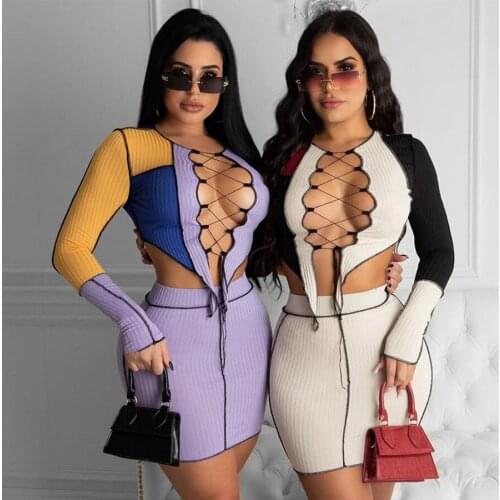 KLALIEN Autumn Fashion Sexy Hollow Out Bandage Patchwork Rib Knitted Two Piece Skirt Set Women Casual Street Wild Two Piece Set