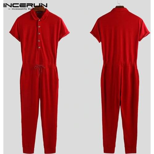 INCERUN 2020 Men Jumpsuit Lapel Neck Rompers Solid Shortsleeve Fitness Hiphop Bodybuilding Men Overalls Pants Streetwear S-5XL