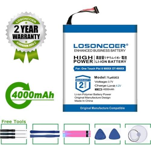 LOSONCOER Battery 4000mAh TLp032C2 TLp032CC Battery For Alcatel One Touch Pixi 8 8.0 3G 9005X OT-9005X Mobile Phone