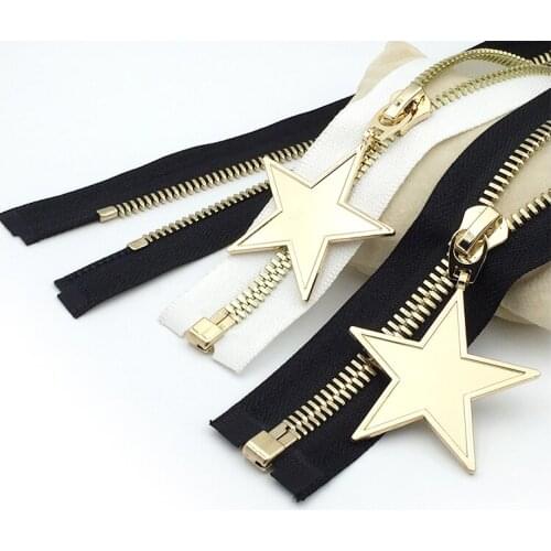 8# Black White Tape Gold Teeth Copper Zipper 2Pcs 70cm 80cm 100cm 110cm Fashion Pentagram Slider Jacket Clothes Accessories