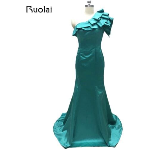Real Picture Mermaid Evening Dresses Long One Shoulder Satin Ruffles Prom Dresses 2019 Vestido de Festa Formal Party Gown MD18