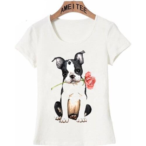 New Valentine Rose Maiden T-Shirt Summer Women Tee shirt Funny Boston Terrier Dog Design Sweet Tops Lovely Casual Ladies Tee