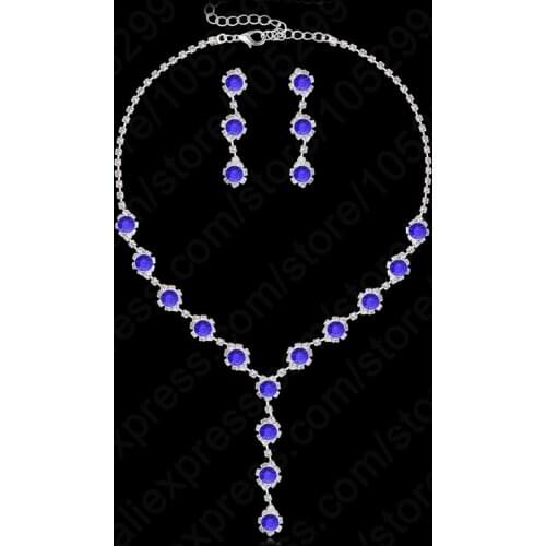 New Arrival Dark Blue Collares Jewelry Sets For Women Accessories Wedding Bridal Pendant CZ Necklace Earrings Sets