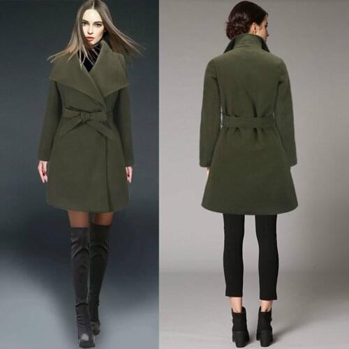 Autumn Womens Woolen Coat Slim Long Female High Street Ladies Green Blend Coat Warm Winter Windbreaker Girls Overcoat Hot Sale