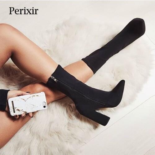 Perixir Design Ladies Ankle Boots Square Heel Black Suede Footwear Pointed Toe Side Zipper New Fashion Spring Autumn Women Shoes