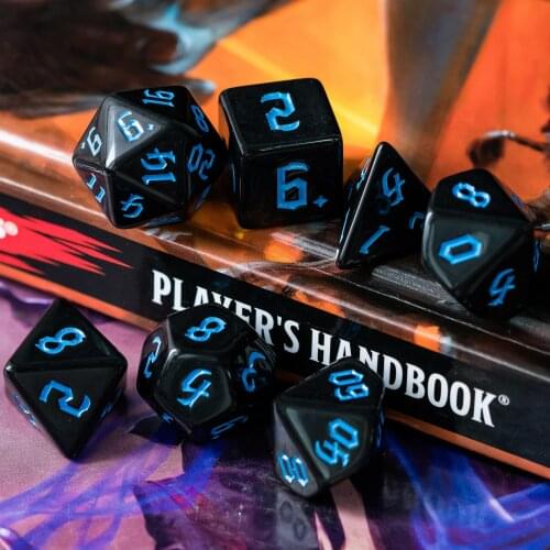 Poludie 7Pcs/Set DND Dice Set Blue Sickle Font Polyhedral Dice D4 D6 D8 D10 D% D12 D20 for Role playing Game D&D RPG MTG Dice