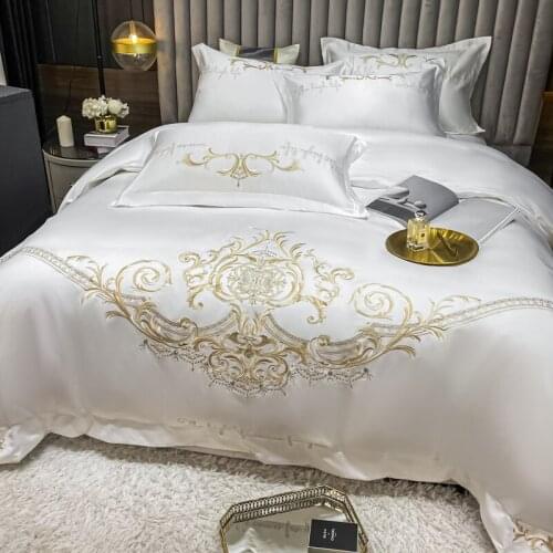 Luxury White European Palace Style Gold Embroidery Cotton Bedding Set Silky Smooth Duvet Cover Flat/Fitted Sheet Pillowcases