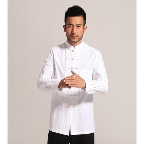 White Men Cotton Linen Long Sleeve Kung Fu Shirt Classic Chinese Style Tang Clothing Size Hombre Camisa