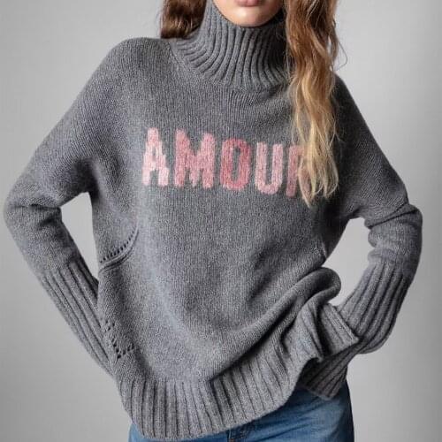 Wool and Cashmere Sweater Letter Jacquard Turtleneck Long Sleeve Gray Autumn Winter New Ladies Casual Pullover