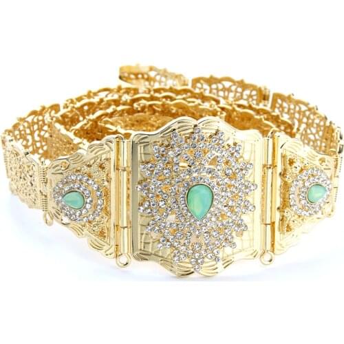Sunspicems Gold Color Morocco Caftan Belt For Women Mint Green Stone Arab Robe Belt Clothing Jewelry Adjustable Length