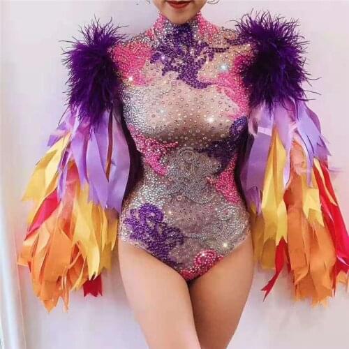 T03 Sexy sparkly bodysuit rhinestone colorful ribbon sleeve outfit elastic crystals singer dress dj stage costume party wears ds