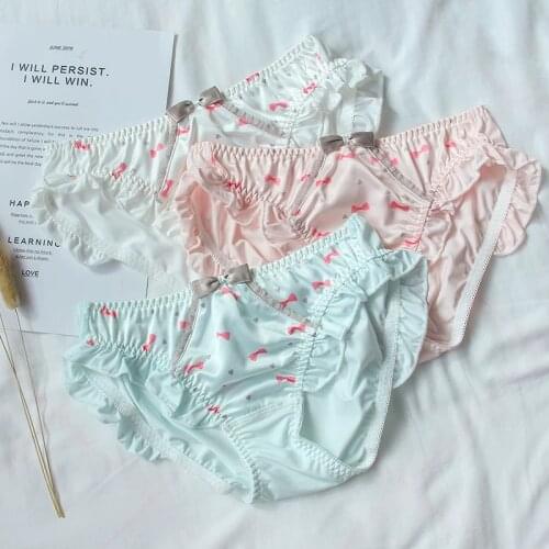 Teen Girl Milk Silk Middle Waist Cute Bow Ruffles Panties Underwear Japanese Soft Sister Sweet Lolita Students Sexy Briefs