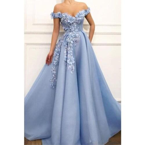 Gorgeous Blue Prom Dresses A Line Off Shoulder Full Length Long Formal Evening Dresses With Beaded Flowers Plus Size Arabic