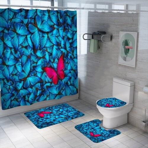 3D Butterfly Shower Curtain Set Waterproof Washable Polyester Bath Curtain Anti-slip Rugs Toilet Lid Cover Bath Mat Set