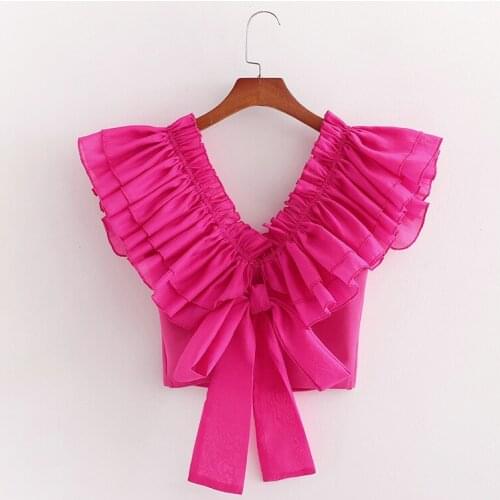 Women Summer Fashion Mesh Short Sleeve Cascading Ruffles Patchwork Short Blouse 2020 Chic Lady Bow Collar Za Knitted Short Tops