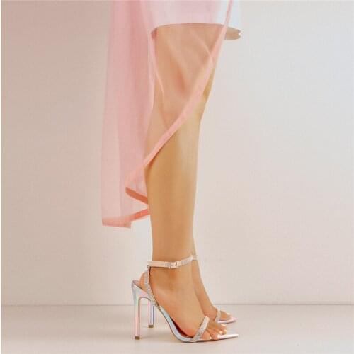 Women Silver Summer Sandals Richealnana Bling Rhinestone Open Pointed Toe High Heels Ankle Strap Shoes Large Size US5-15