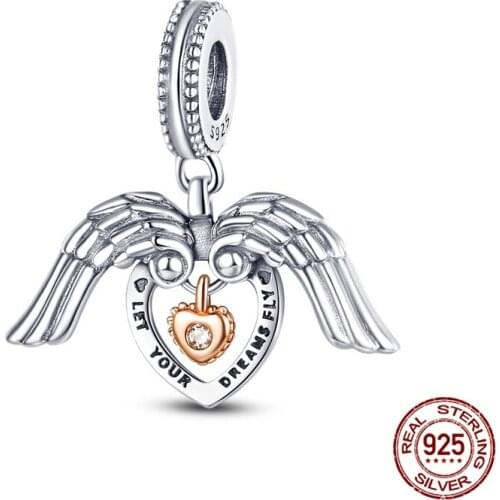 2021 New 925 Sterling Silver Angel Wings & Heart Dangle Charm Beads Fit Original Bracelet Necklace Silver 925 Jewelry Making