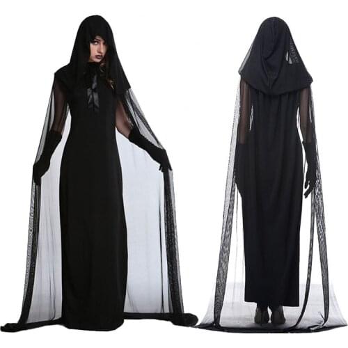 Girl women Halloween party cosplay black ghost Scary demon vampire costume witch bride dress costumes cape for kid adult
