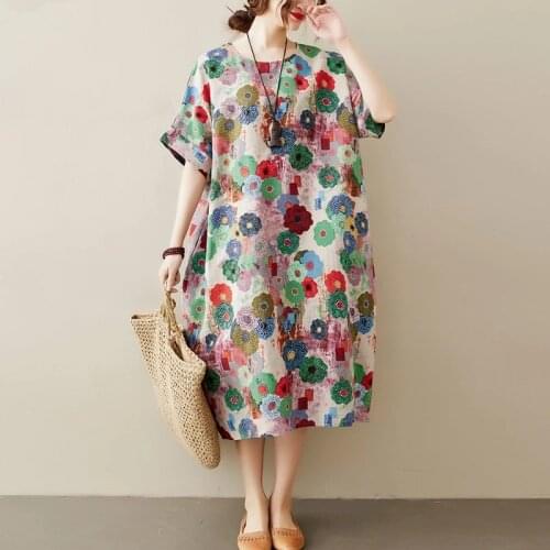 2021 Plus Size Summer Beach Dress Women Vestidos Sundress Flowers Print Long Dresses Oversize Cotton Linen Loose Casual Clothes