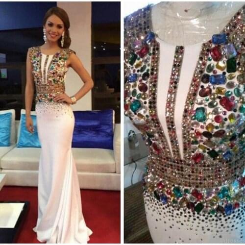 2020 O-Neck Beaded Colorful Crystal Slim Prom Party Gowns Arabic Dubai Evening Dress Vestido De Festa Custom robe de soriee