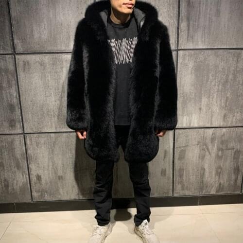 YOLOAgain Winter Thick Warm Natural Fox Fur Mens Long Hooded Coat Jacket