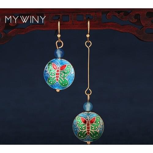 9 colors MYWINY New fashion jewelry Cloisonne butterfly earrings women, Chinese wind enamel long hook earrings