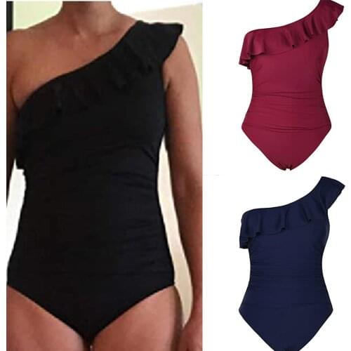 Bikinis 2021 Mujer One Shoulder Sexy Swimsuits Fashion Ruffle Swimwear Women Solid Color Casual One Piece Swimsuit купальник