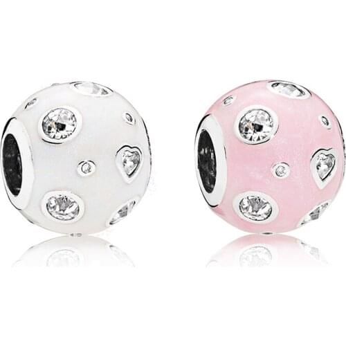 2 Design White & Pink Enamel Round Charm Beads for Jewelry Making Heart Stones Beads for Charms Bracelets Silver 925 Jewelry DIY