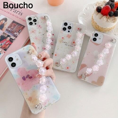 Boucho Fashion Flowers Cover with Wrist Chian Strap For iphone 12 Mini 11 Pro Max 7 8 Plus X XR XS Max Bracelet phone Case