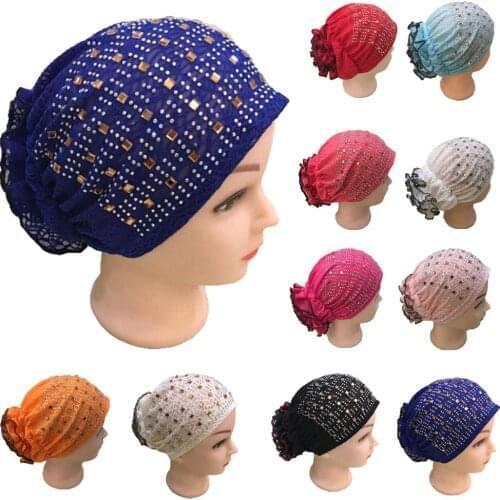 Kids Muslim Head Cover Turban Hat Flower Lace Underscarf Inner Hat Hot Drilling Beanie Cap Skullies Bonnet Headwrap Fashion