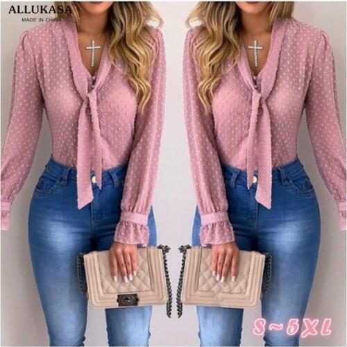 Elegant Chiffon Blouses Long Sleeve V-Neck New Fashion Women Shirt Office Blouse Slim Casual Female Polka Dot Top plus size