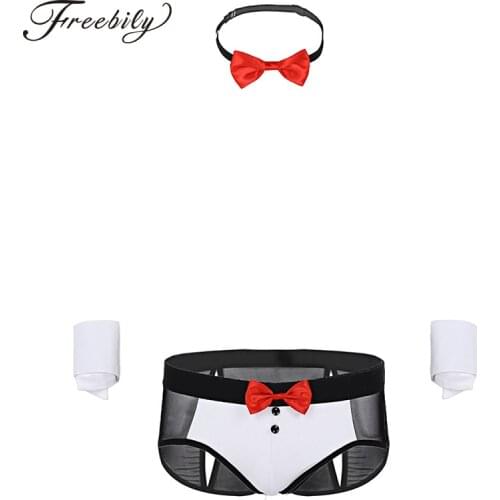 Mens Sexy Lingerie Set Butler Cosplay Costumes See Through Mesh Butt Jockstraps Splits Underwear with Bow Tie Outfit Clubwear