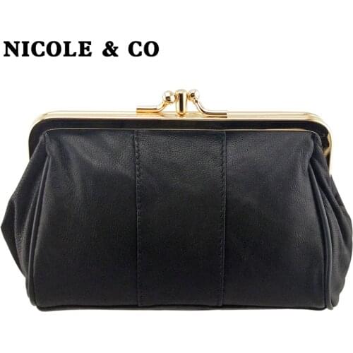 NICOLE & CO Original New Women Sheepskin Coin Purse Genuine Leather Card Holder Small Wallet Girls Metal Frame Change Money Bag