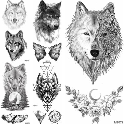 Mandala Wolf Temporary Tattoos Sticker Fake Geometric Mountain Howling Tatoos 3D Waterproof Black Body Art Arm Tattoos For Adult