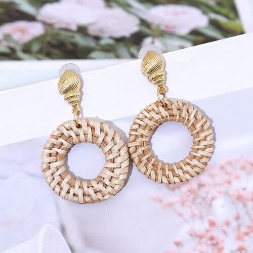 Fashion Female Handmade Round Hollow Rattan Knit Drop Earrings For Women 2019 Trendy Bohemian Gold Metal Shell Dangle Earring