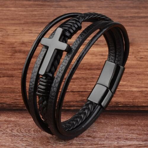 Classic Design Cross Bracelets Men Genuine Leather Stainless Steel Magnet Clasp Charms MultiLayer Braided Hand Bracelet Homme