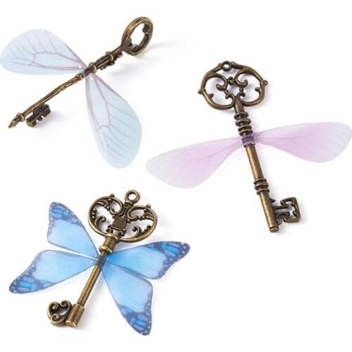 1Set Tibetan Style Alloy Key Big Pendants Butterfly Fibre Tulle Adhesive Tape Nylon Wire Scissors for Key Clasps Jewelry Making