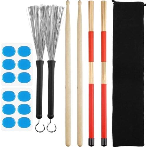 Drum Sticks Set Wood Drum Sticks, Drum Wire Brushes Retractable Drum Stick Brush, 12 PCS Drum Dampeners,Storage Bag