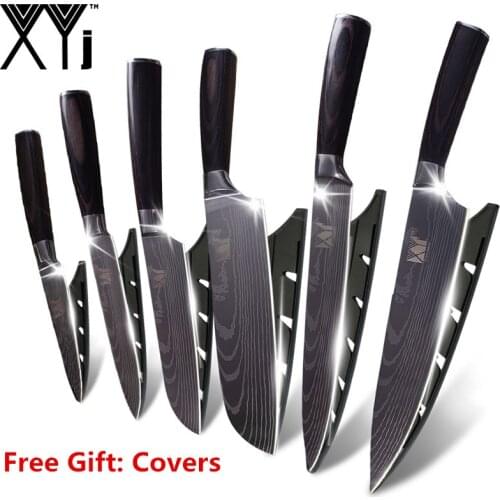 XYj Stainless Steel Kitchen Knives Imitation Damascus Pattern Chef Knife Santoku Cleaver Slicing Utility Knives Tool Knife Cover