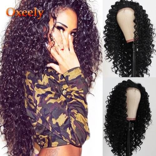 Oxeely Fashion Long Kinky Curly Hair Lace Front Wig for Black Women Curly Synthetic Lace Front Wigs Heat Resistant 180 Density