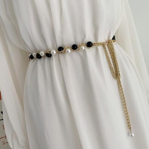 Womens Fashion Belts Luxury Metal Dress Beaded Pearl Belt Waist Chains Caftan Belt Summer Dress Harnessbody Chain Harness