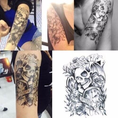 Removable Fashion Men Male Sexy Temporary Tattoo Skull Clock Body Arm Stickers Black Large Waterproof Tattoos