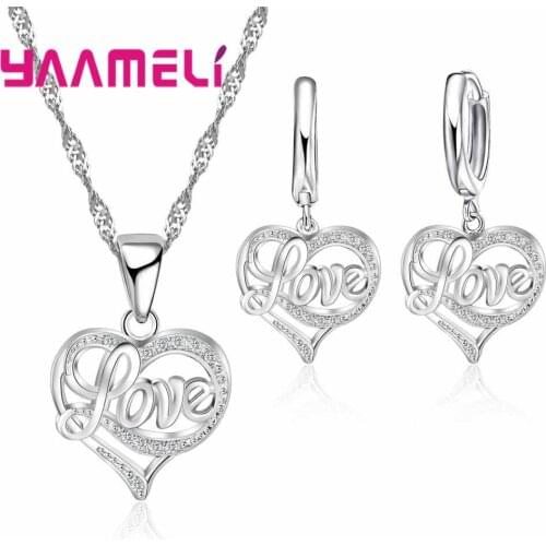 Fashion Wholesale 925 Sterling Silver Heart Shaped AAA CZ Drop Earrings Pendant Necklace Jewelry Set For Women Party