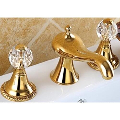 Bathroom widespread Lavatory Sink faucet crystal handles mixer tap Gold clour