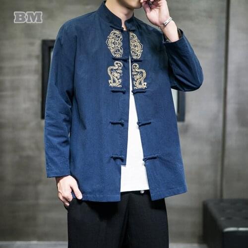 Chinese Traditional Dress Plus Size Hanfu Men Wu Tang Tai Chi Kung Fu Uniform 2021 Spring Autumn Dragon Embroidery Shirt Tops