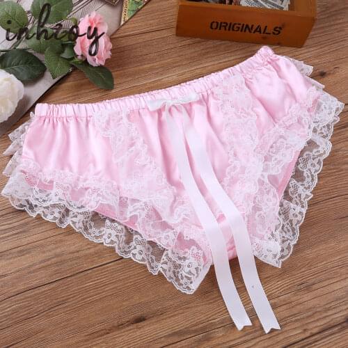 Sissy Panties Men Sexy Lingerie Gay Crossdressing Underwear Shiny Soft Silk Satin Ruffled Lace Cute Bow Pink Briefs Underpants