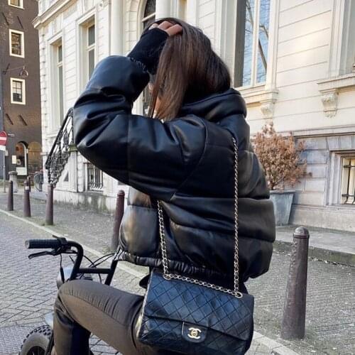 Cozy Winter Thick Warm Short Puffer Parkas Women Fashion Black PU Leather Coats Women Elegant Zipper Cotton Jackets jacekt Short