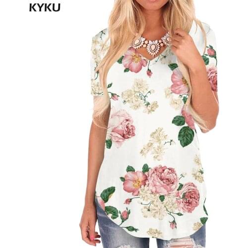 KYKU Flower T Shirt Women Art V-neck Tshirt Peony Flower Tshirts Printed Harajuku Funny T shirts Womens Clothing Summer