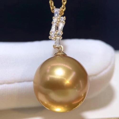 D908 Pearl Pendant Fine Jewelry 18K Solid Gold Round 13-14mm Nature Sea Water Golden Pearls Pendants Necklaces for Women Gifts